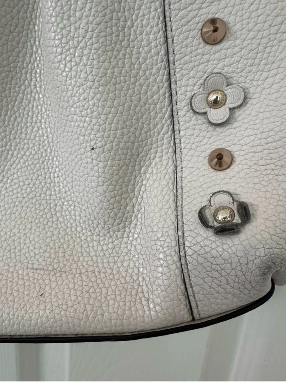 Coach Edie White Pebble Leather Floral Stud Shoulder Tote